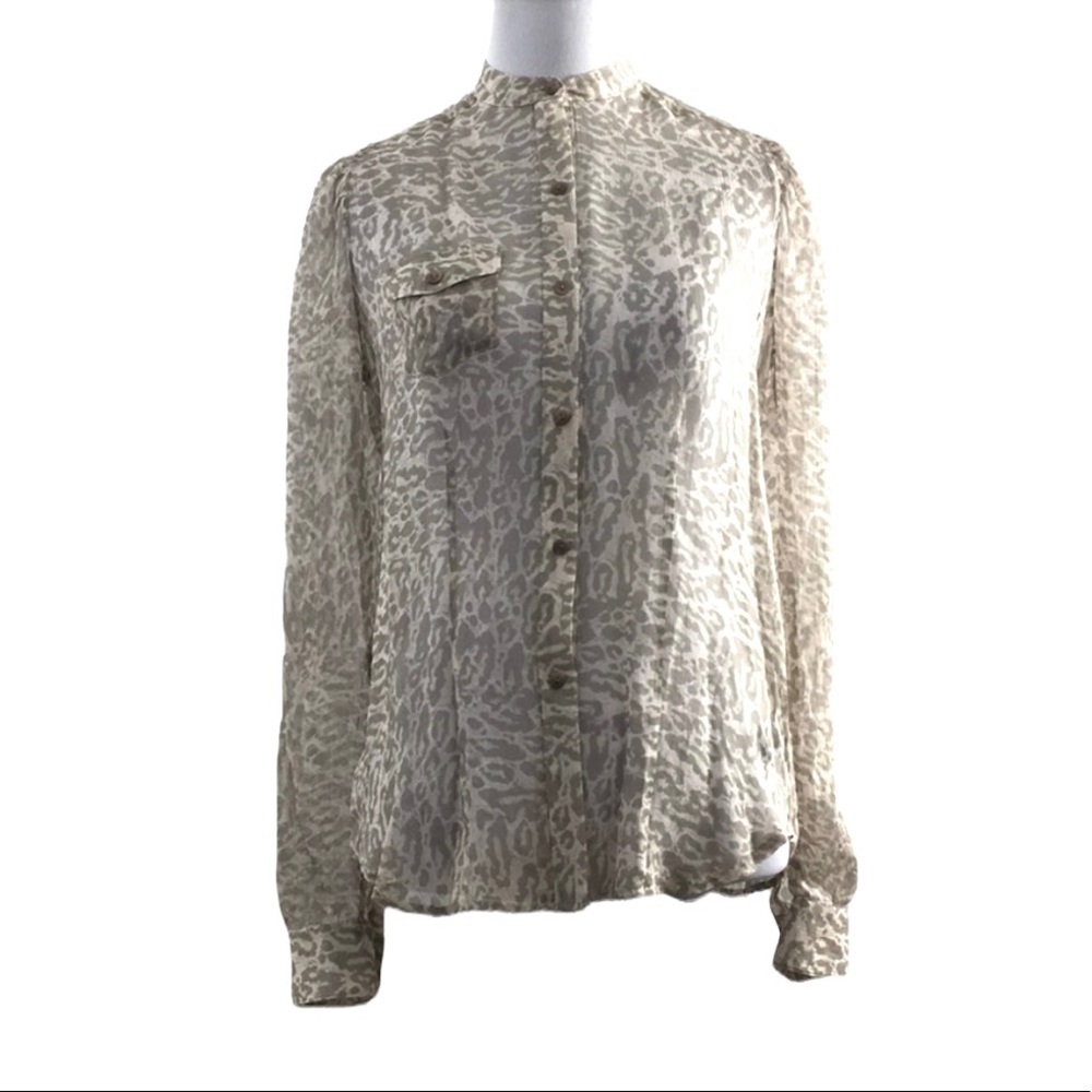 Joe's Tan Silk Rock Leopard Button Front Shirt Womens XS Sheer Long Sleeve